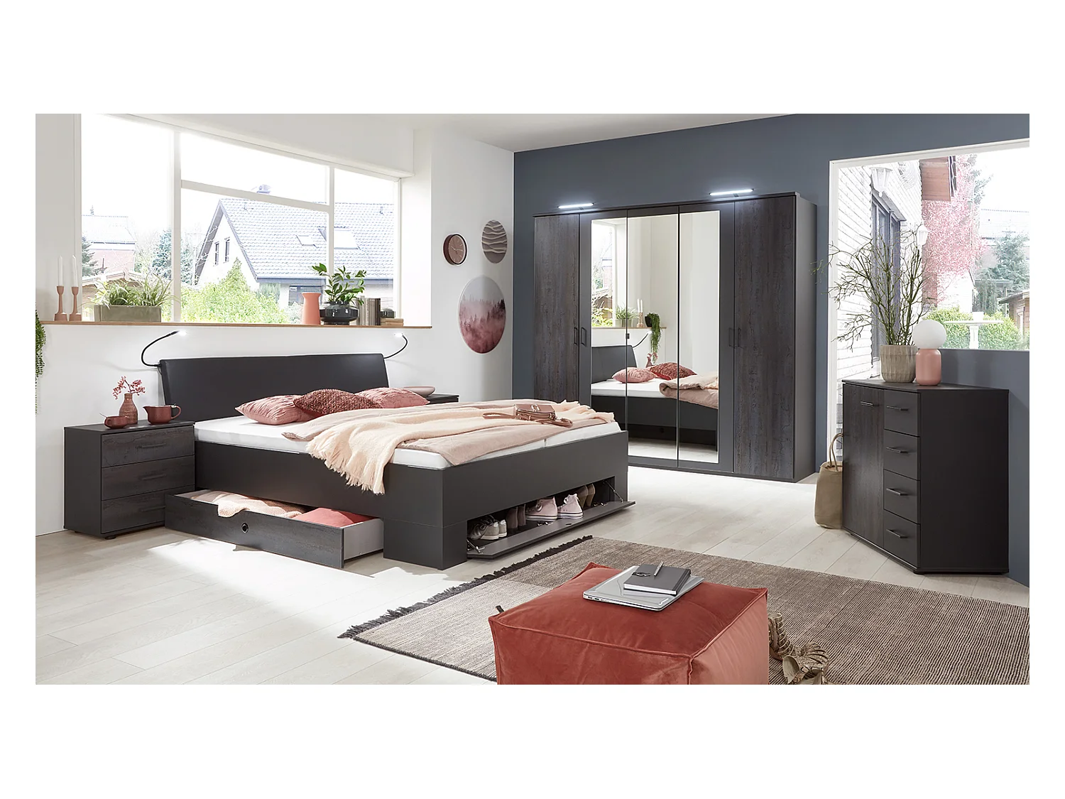 Chambre à coucher complète adulte (lit 160x200 cm Queen Size + 2 chevets + armoire + commode)