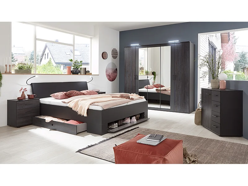 Chambre à coucher complète adulte (lit 160x200 cm Queen Size + 2 chevets + armoire + commode)