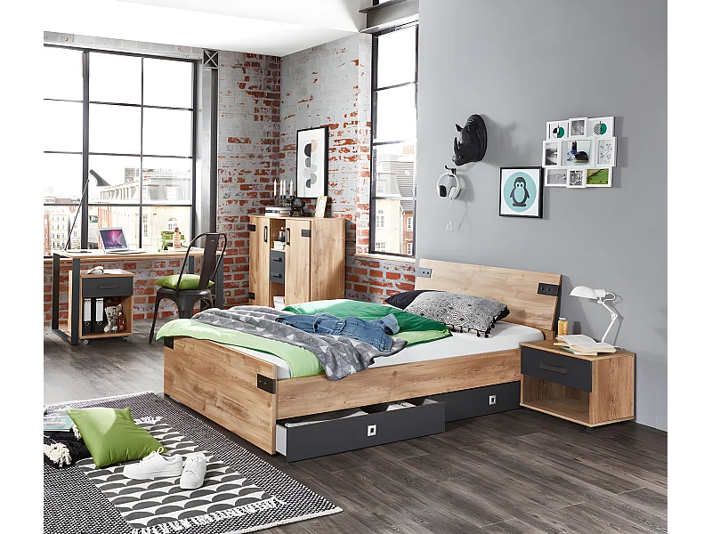 Ensemble chambre enfant/ado Imitation chêne poutre, rechampis graphite - 90 x 200 cm