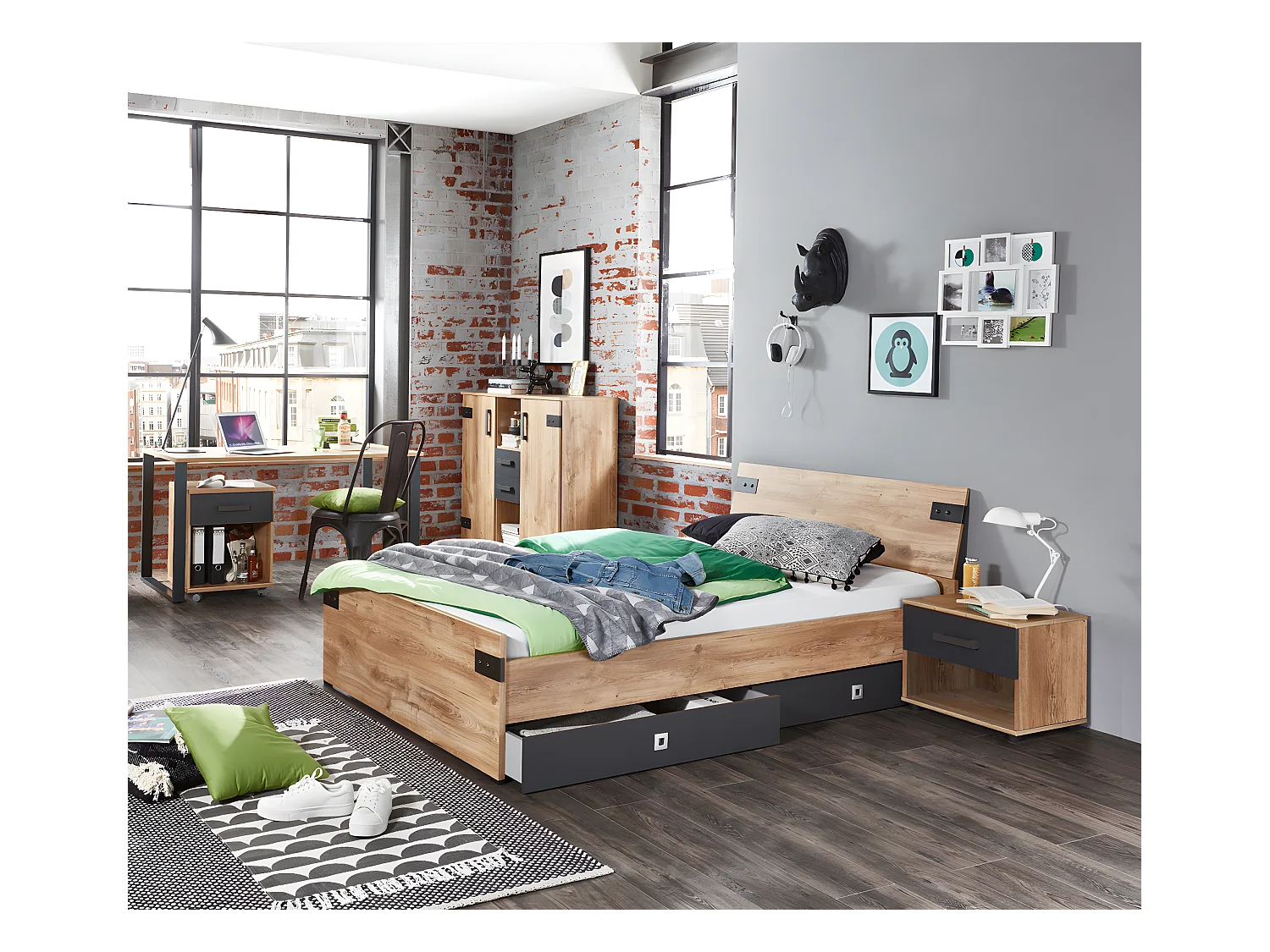 Ensemble chambre enfant/ado Imitation chêne poutre, rechampis graphite - 90 x 200 cm