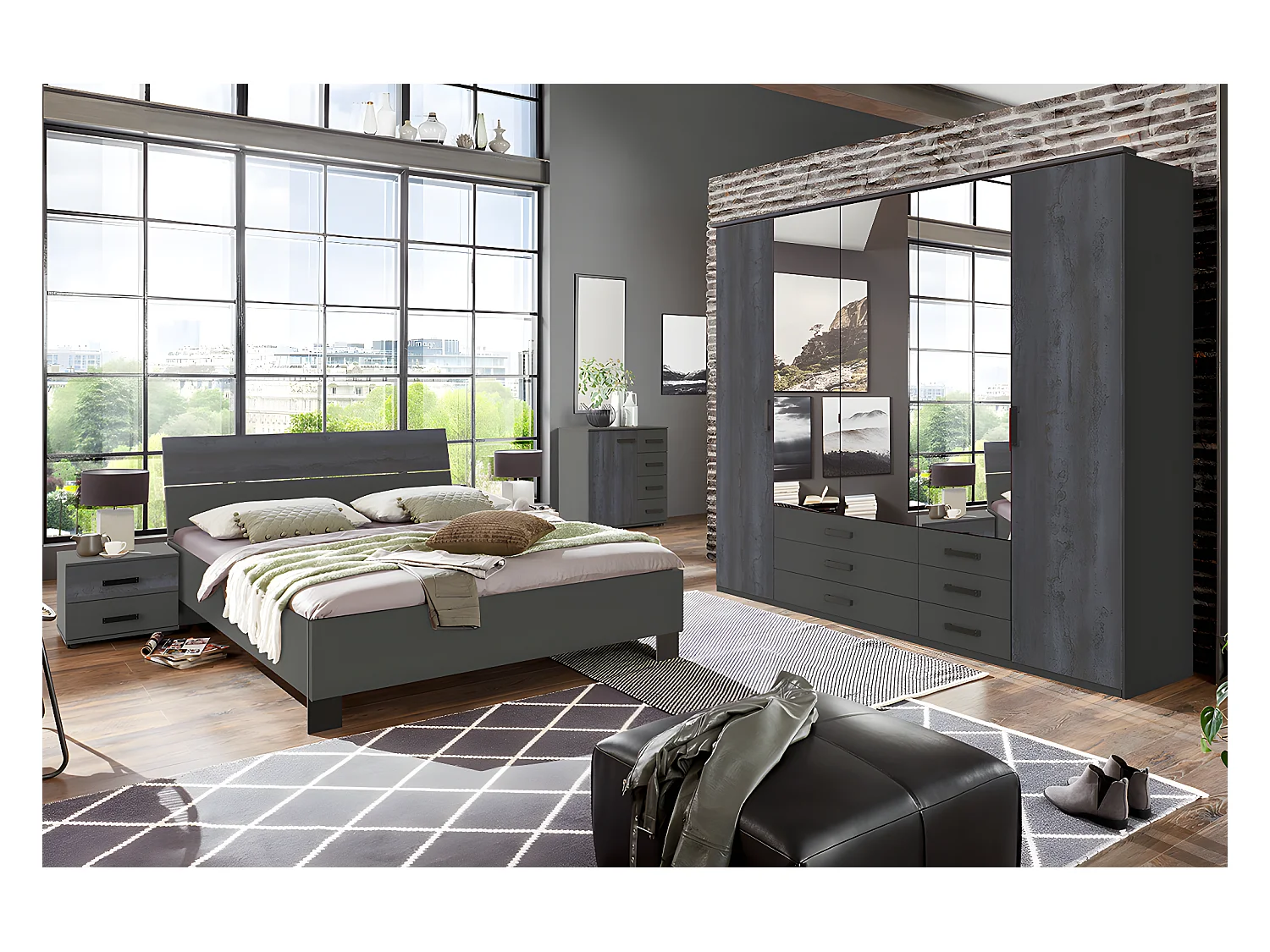 Chambre à coucher complète adulte (lit 180x200cm + 2 chevets + armoire + commode) coloris gris foncé