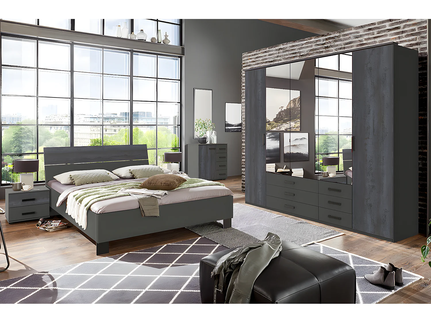 Chambre à coucher complète adulte (lit 180x200cm + 2 chevets + armoire + commode) coloris gris foncé