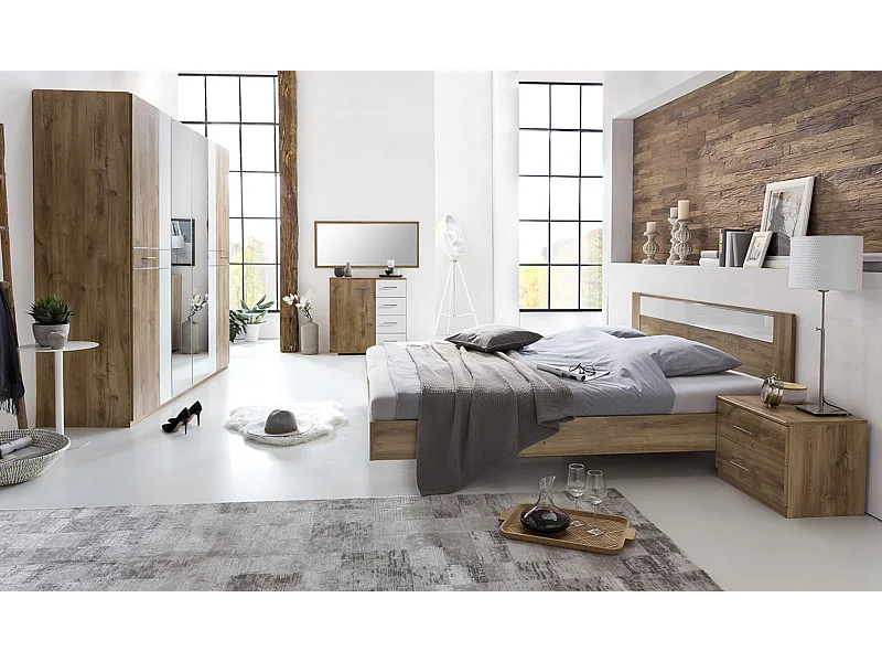 Chambre à coucher en panneaux de particules imitation chêne poutre/blanc/chrome - 140 X 200 cm