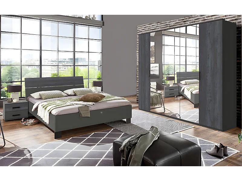 Chambre à coucher complète adulte (lit 160 x 200 cm + 2 chevets + armoire) coloris gris foncé