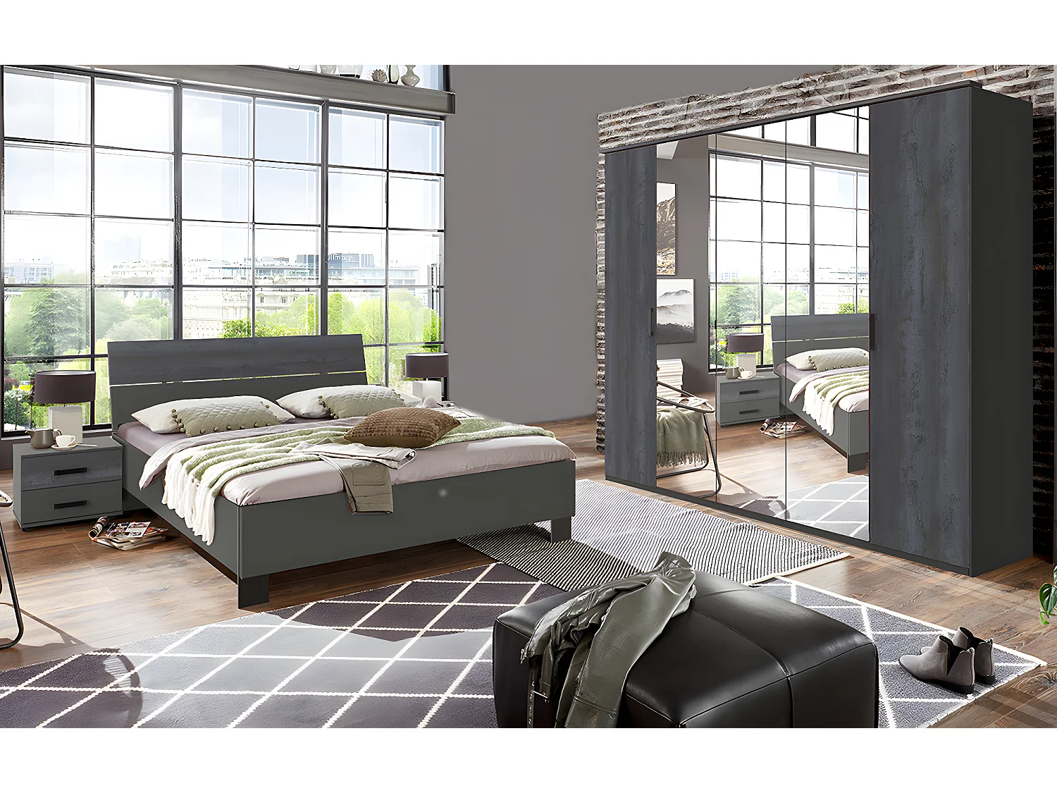 Chambre à coucher complète adulte (lit 160 x 200 cm + 2 chevets + armoire) coloris gris foncé