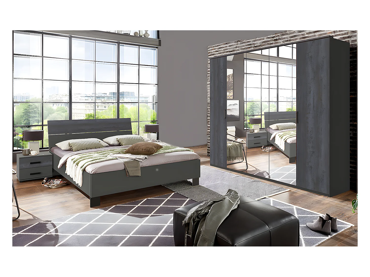 Chambre à coucher complète adulte (lit 160 x 200 cm + 2 chevets + armoire) coloris gris foncé