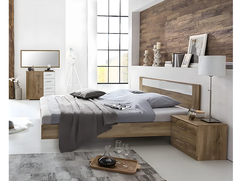 Chambre à coucher en panneaux de particules imitation chêne poutre/blanc/chrome - Dim: 160 x 200 cm