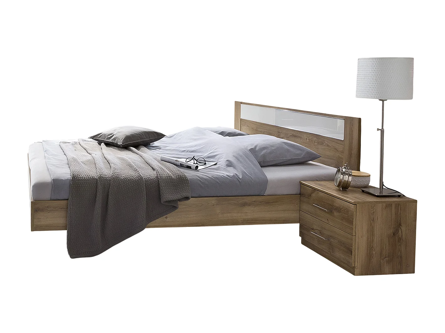 Chambre à coucher en panneaux de particules imitation chêne poutre/blanc/chrome - Dim: 160 x 200 cm