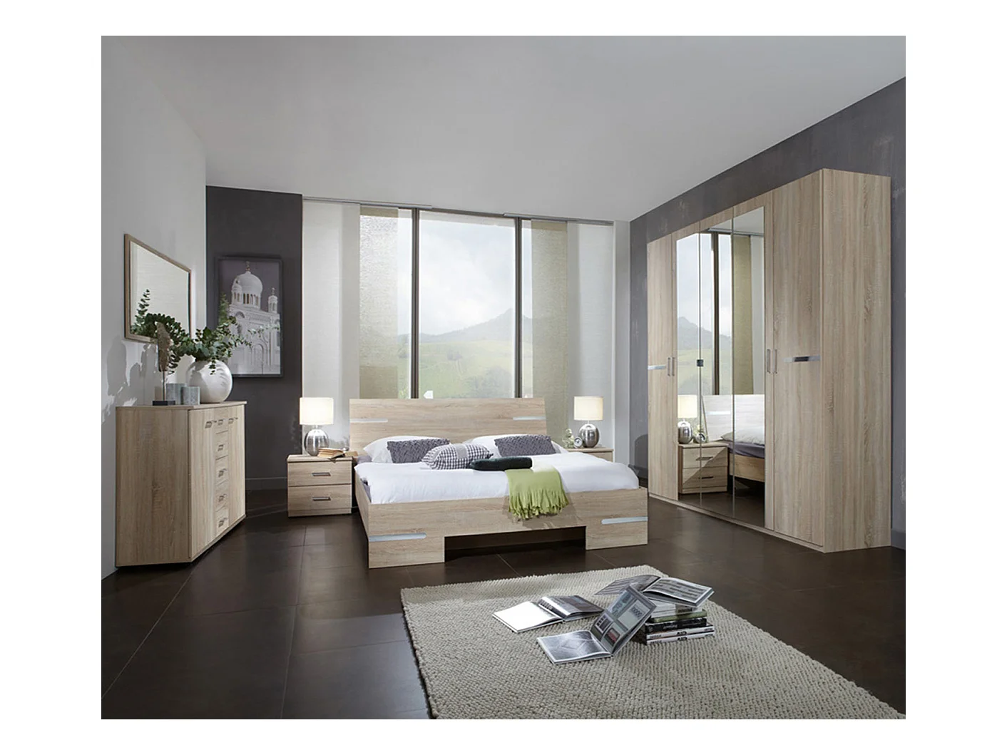 Chambre adulte en panneaux de particules imitation chêne - Dim : 180 X 200 cm
