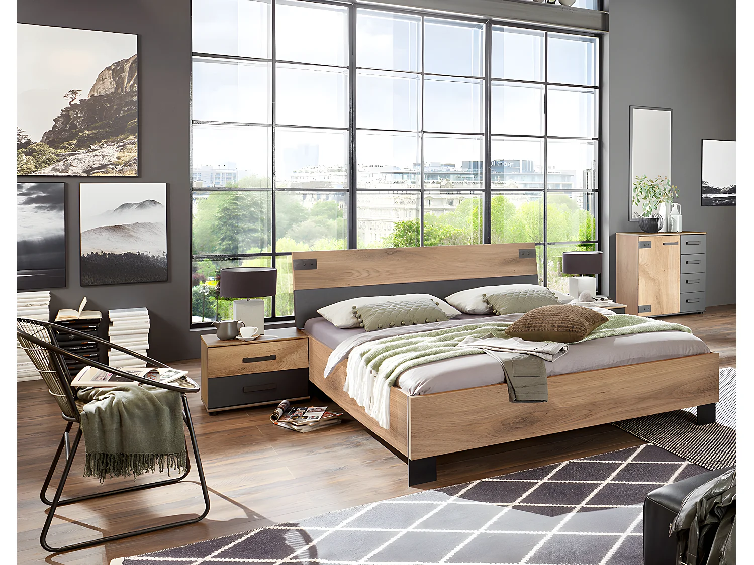 Chambre à coucher complète adulte (lit 140x200 cm + 2 chevets + commode) coloris chêne foncé