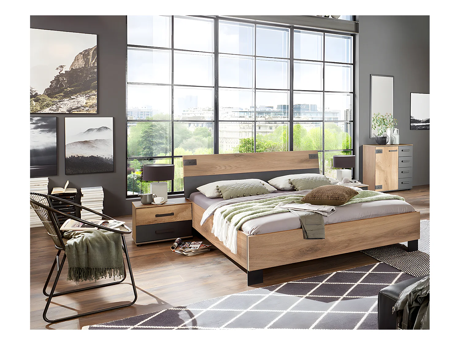 Chambre à coucher complète adulte (lit 140x200 cm + 2 chevets + commode) coloris chêne foncé