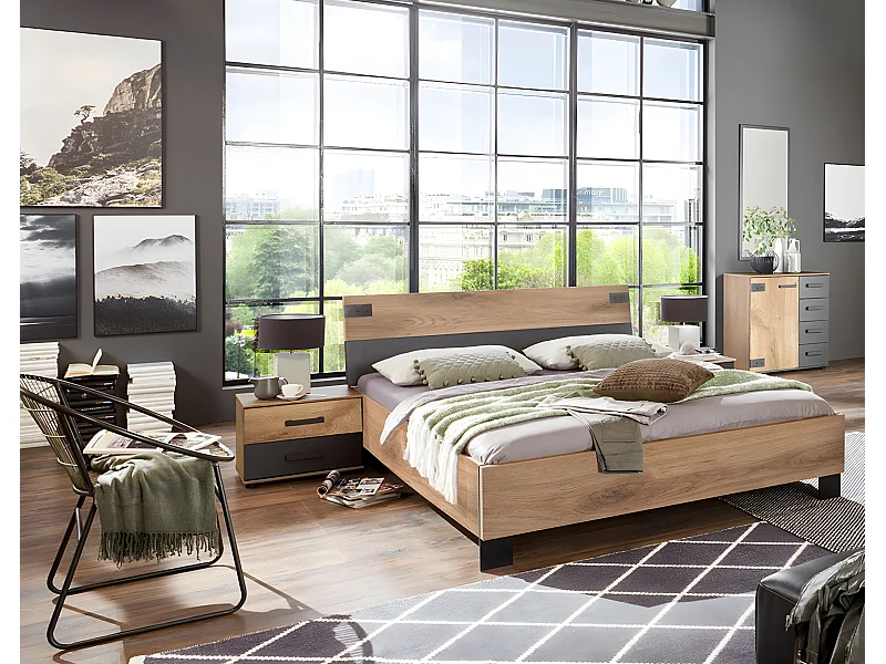 Chambre à coucher complète adulte (lit 140x200 cm + 2 chevets + commode) coloris chêne foncé