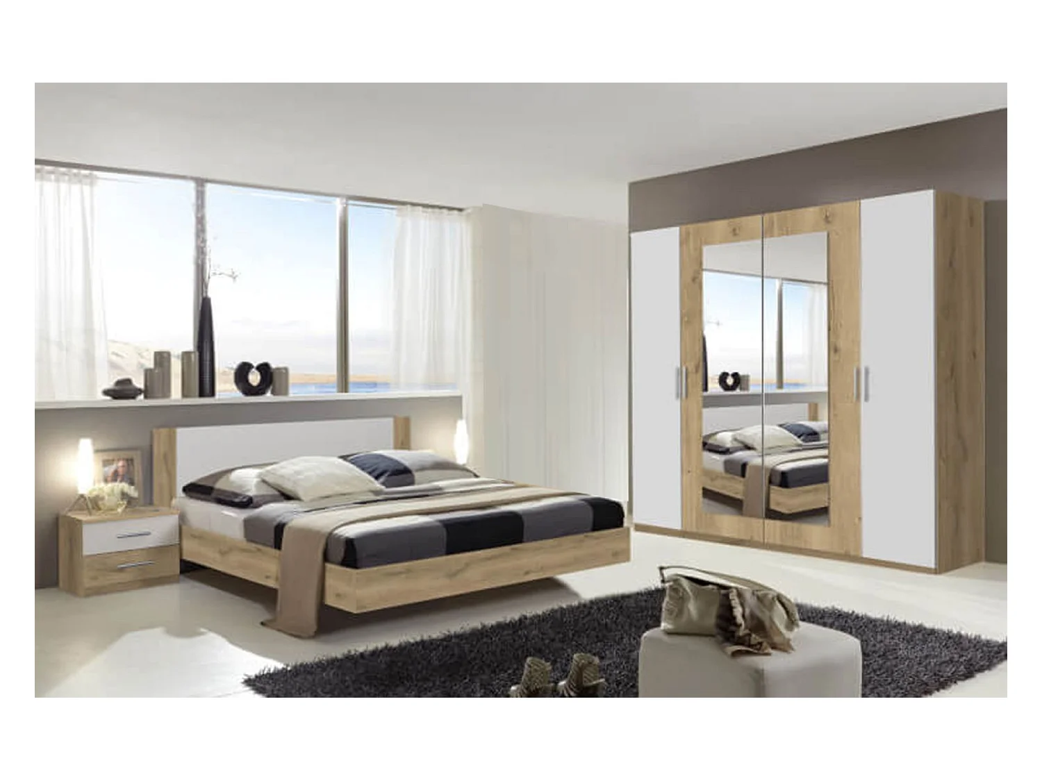 Chambre à coucher complète adulte (lit 180x200 cm + 2 chevets + armoire)