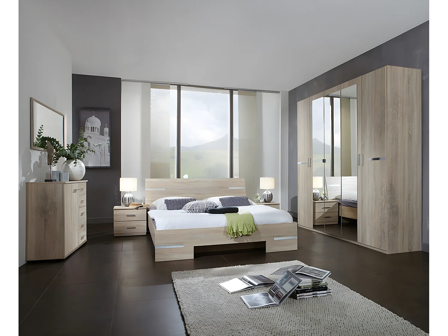 Chambre adulte imitation chêne en panneaux de particules - 180 X 200 cm