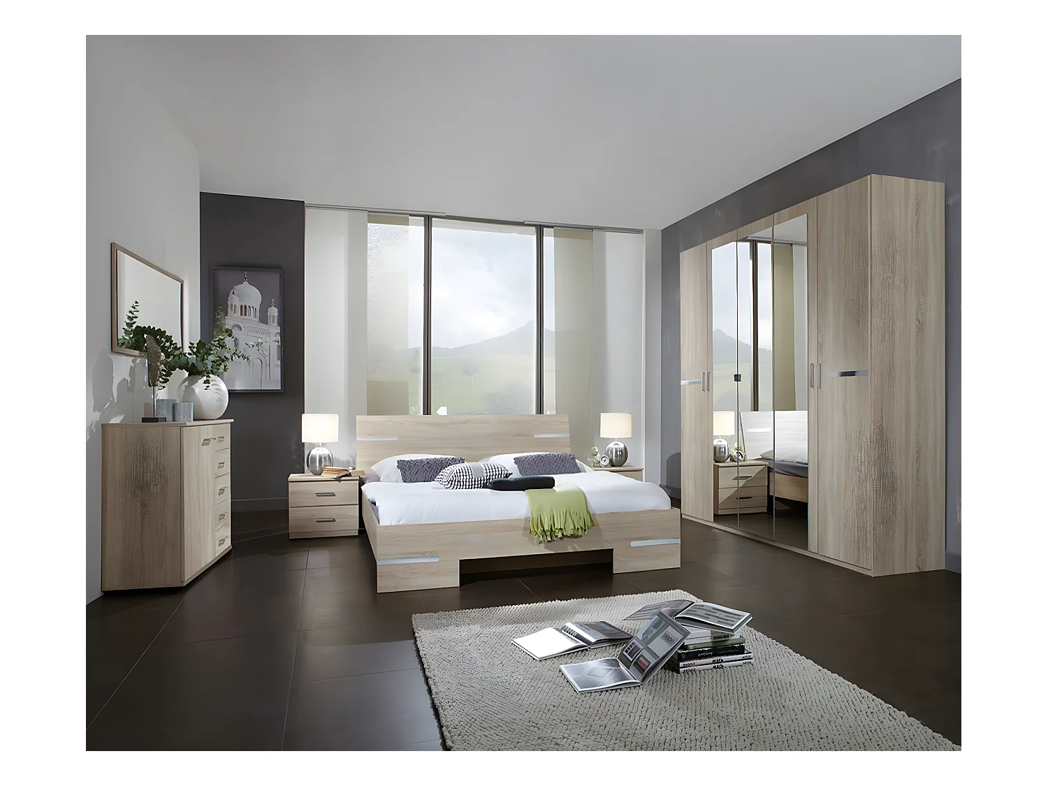 Chambre adulte imitation chêne en panneaux de particules - 180 X 200 cm