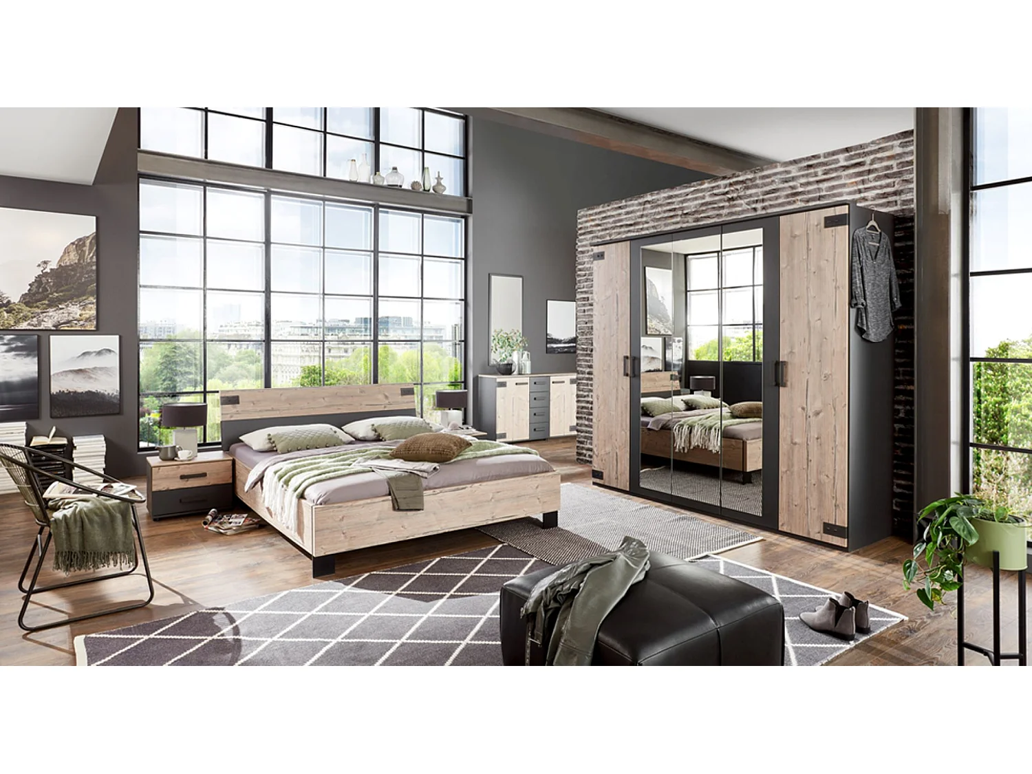 Chambre à coucher complète adulte (lit 180x200 cm + 2chevets+commode+armoire) coloris chêne