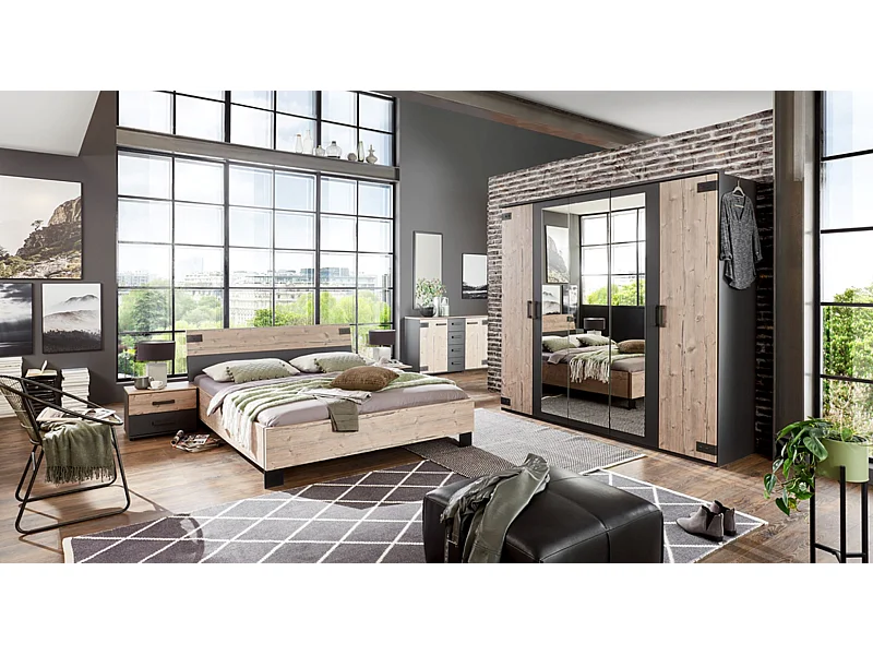 Chambre à coucher complète adulte (lit 180x200 cm + 2chevets+commode+armoire) coloris chêne