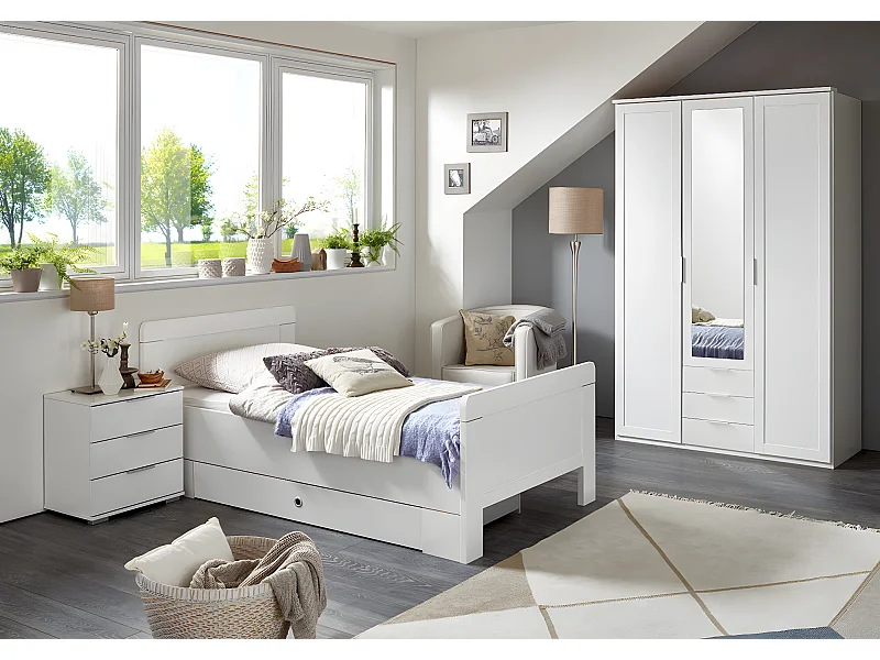 Chambre à coucher complète enfant (lit 90x200cm+ tiroir + chevet + armoire) coloris blanc