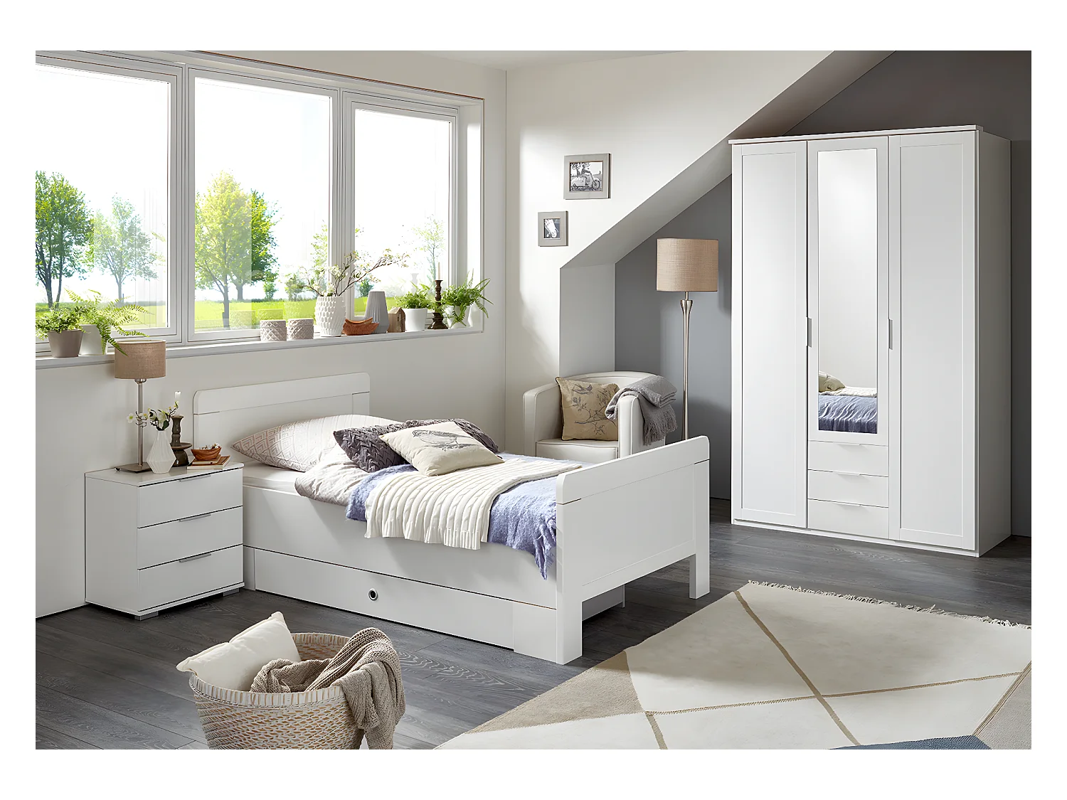 Chambre à coucher complète enfant (lit 90x200cm+ tiroir + chevet + armoire) coloris blanc