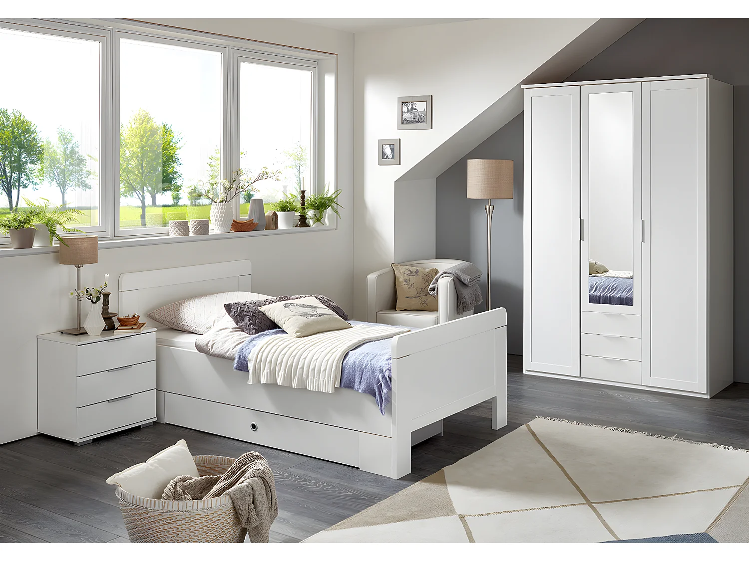 Chambre à coucher complète enfant (lit 90x200cm+ tiroir + chevet + armoire) coloris blanc