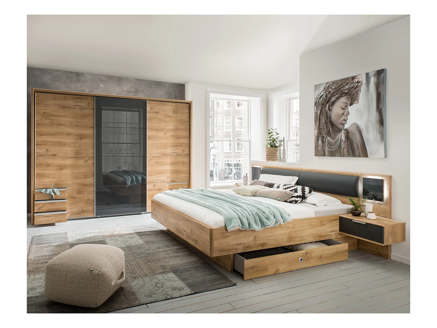 Ensemble chambre adulte complète Imitation chêne poutre - 180 x 200 cm