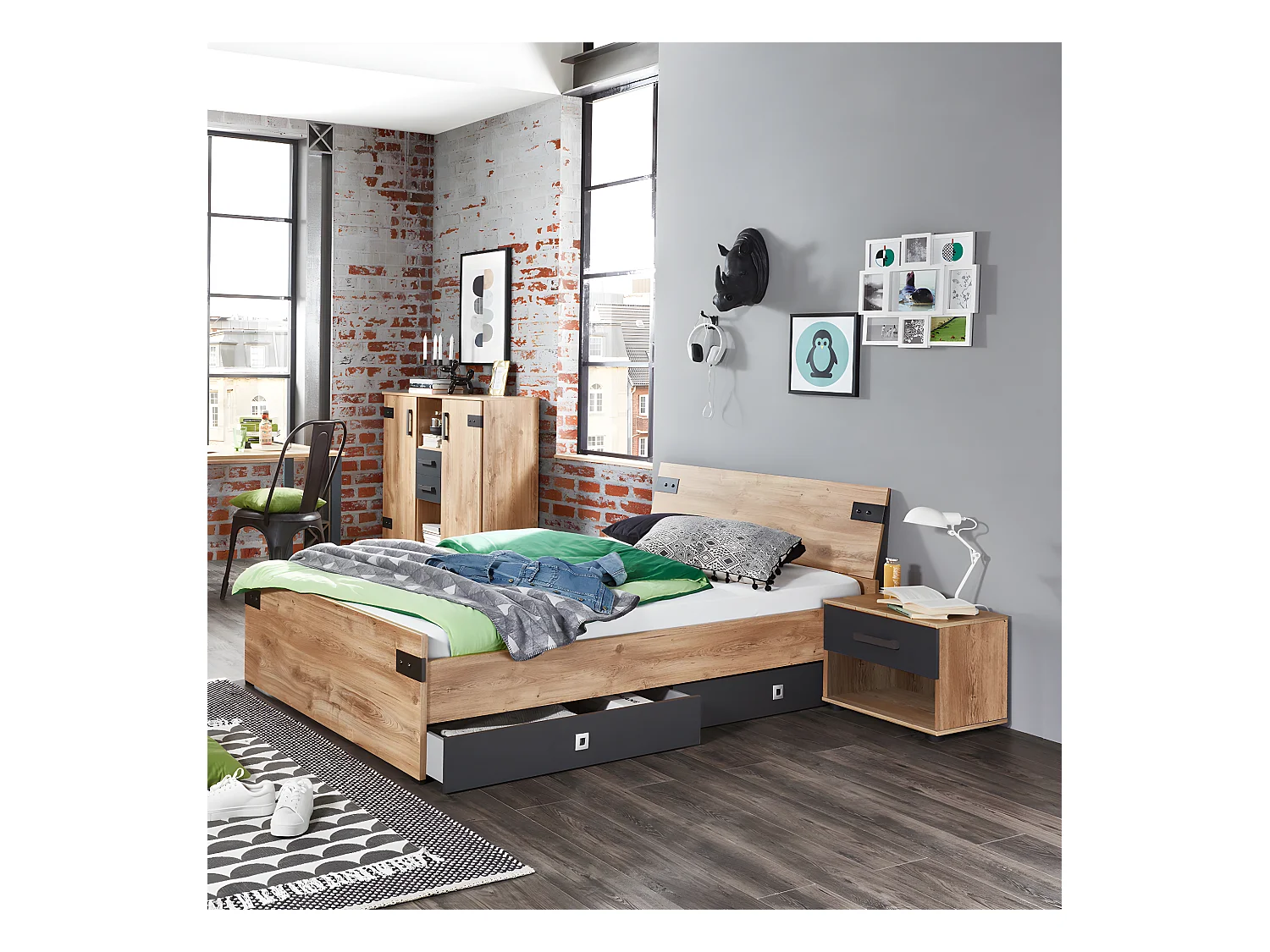 Ensemble chambre enfant/ado Imitation chêne poutre - 90 x 200 cm