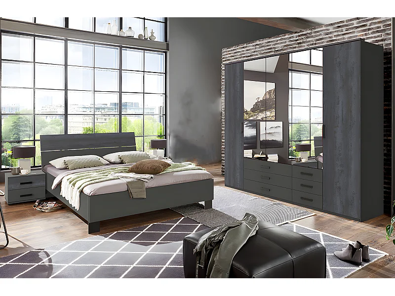 Chambre à coucher complète adulte (lit 160 x 200cm + 2 chevets + armoire) coloris gris foncé