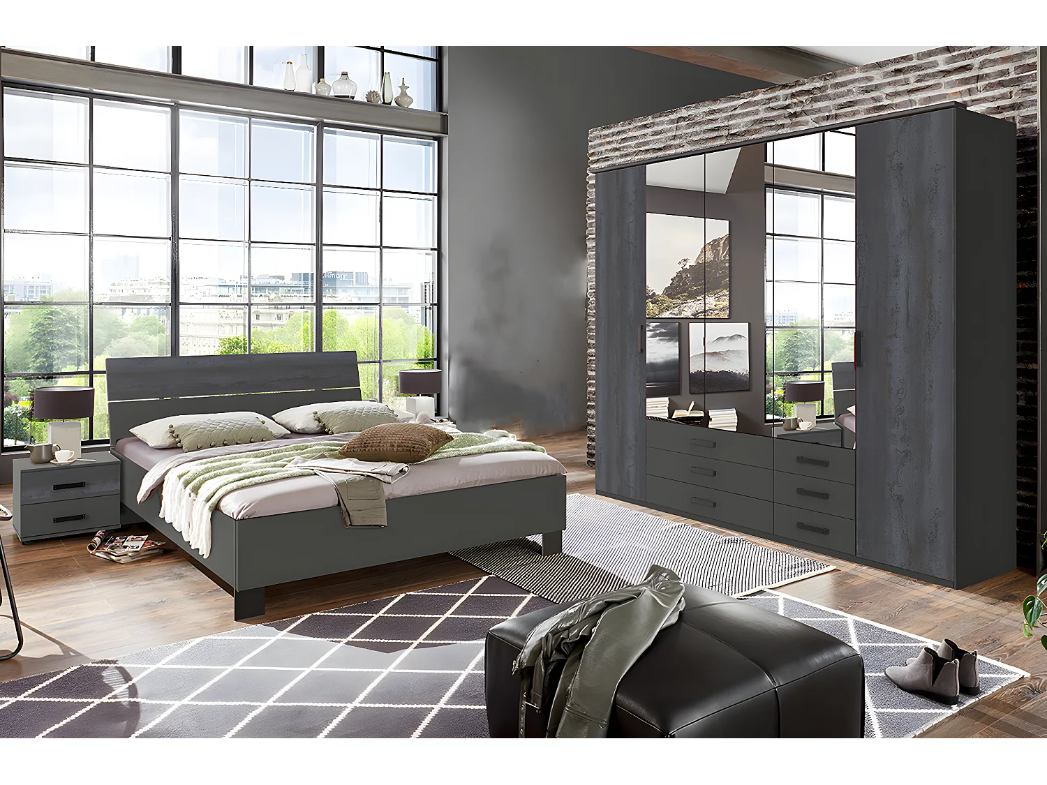 Chambre à coucher complète adulte (lit 160 x 200cm + 2 chevets + armoire) coloris gris foncé