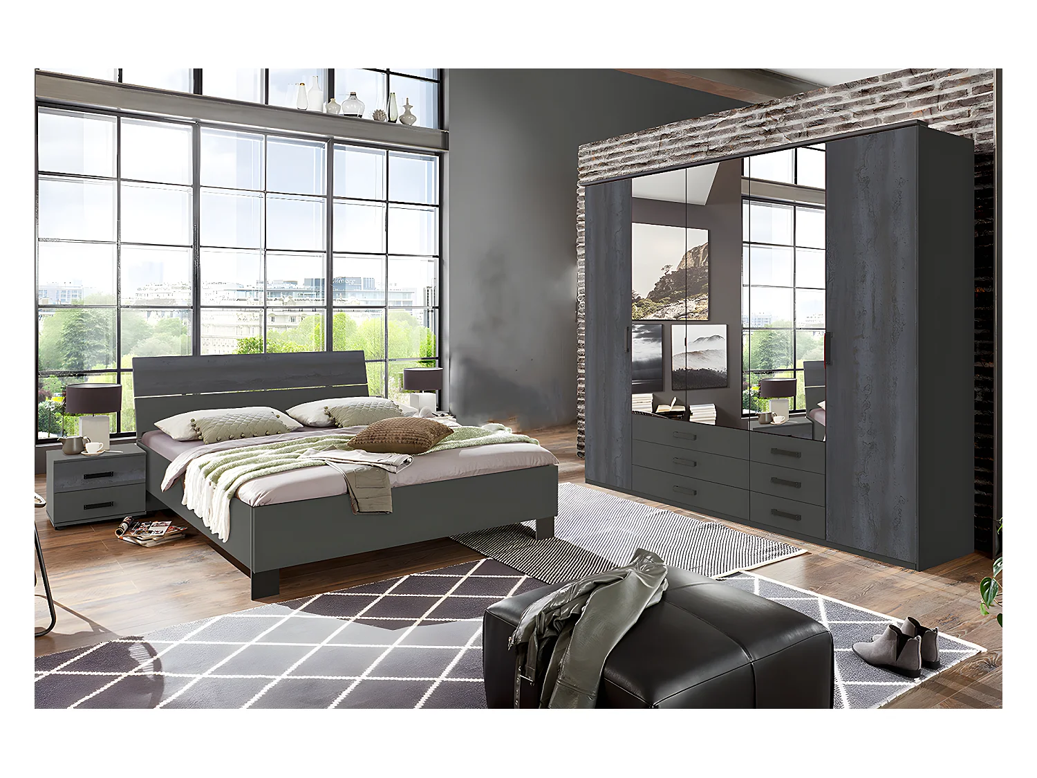 Chambre à coucher complète adulte (lit 160 x 200cm + 2 chevets + armoire) coloris gris foncé