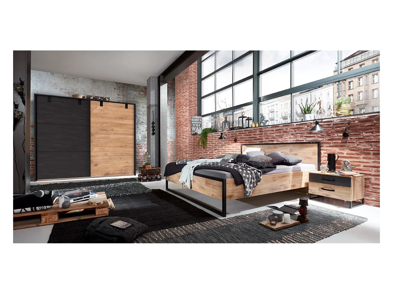 Ensemble chambre adulte complète Imitation chêne poutre , rechampis raw steel - 180 x 200 cm