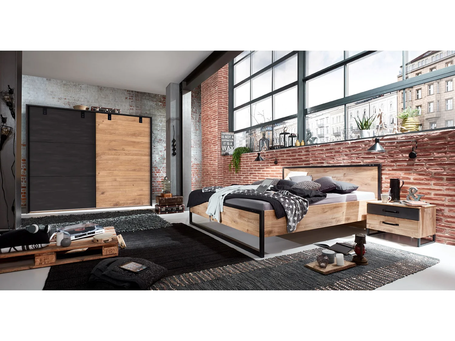 Ensemble chambre adulte complète Imitation chêne poutre , rechampis raw steel - 180 x 200 cm