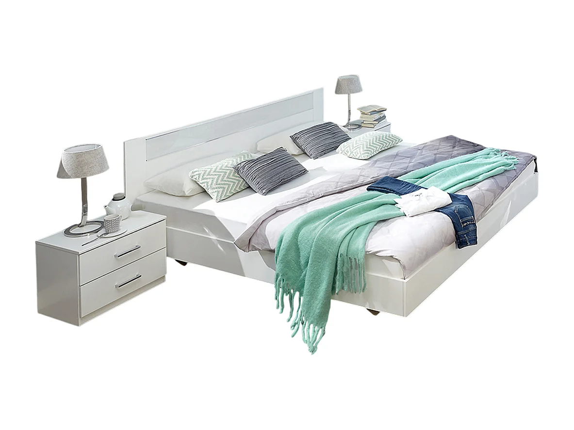 Chambre adulte en panneaux de particules coloris blanc, rechampis verre blanc + chrome