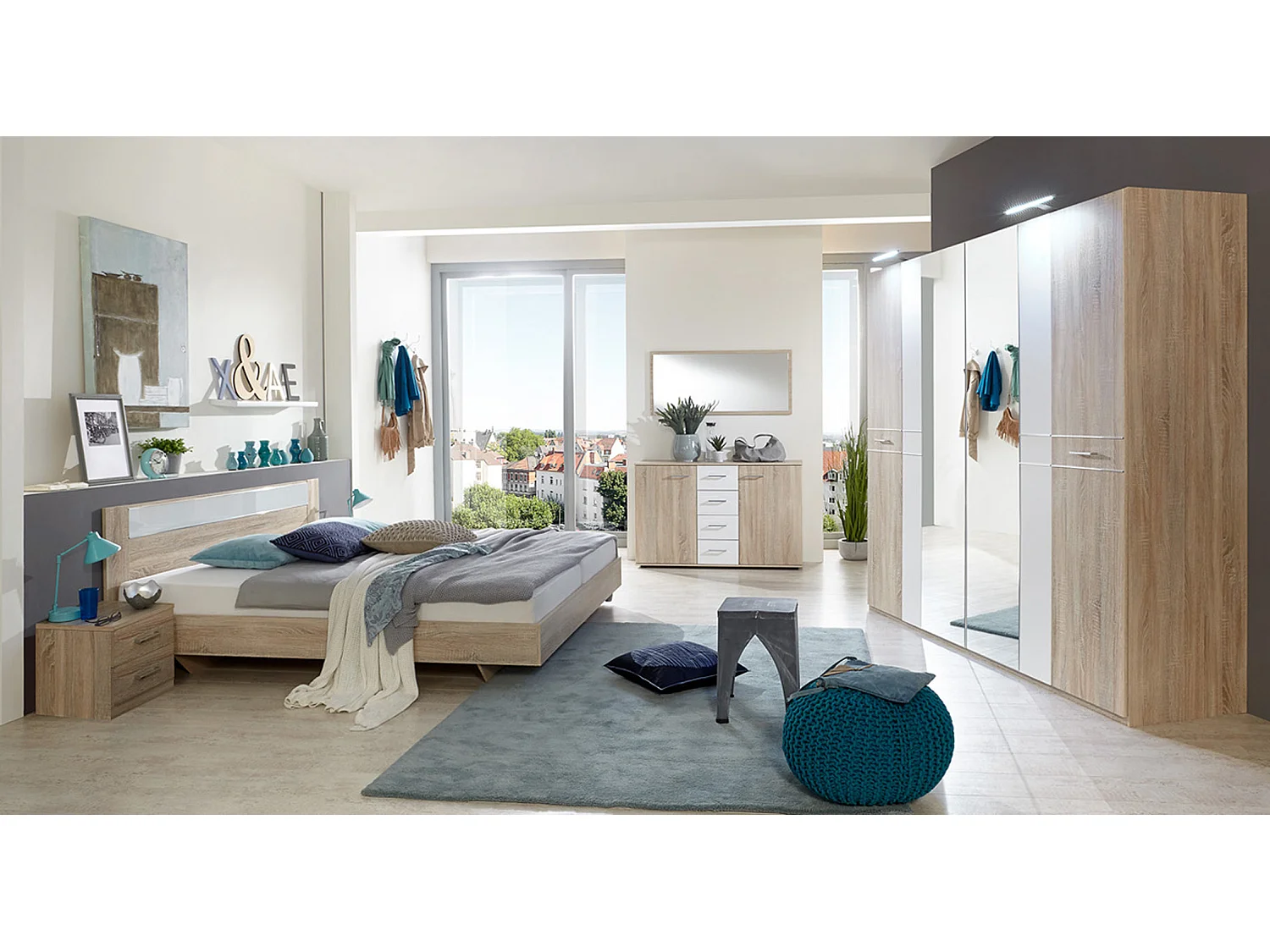 Chambre adulte complète, imitation chêne, rechampis verre blanc + chrome - 160 x 200 cm