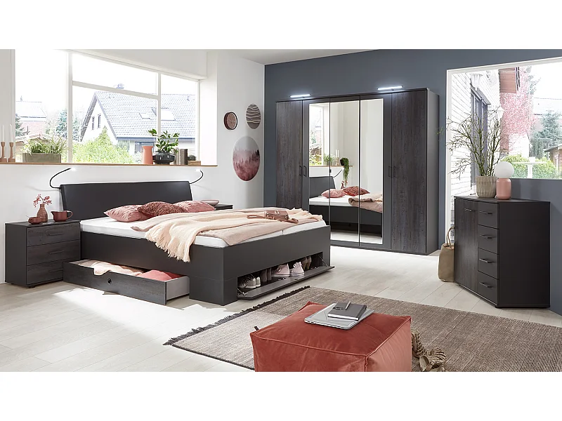 Chambre à coucher complète adulte (lit 180x200 cm King Size + 2 chevets + armoire)