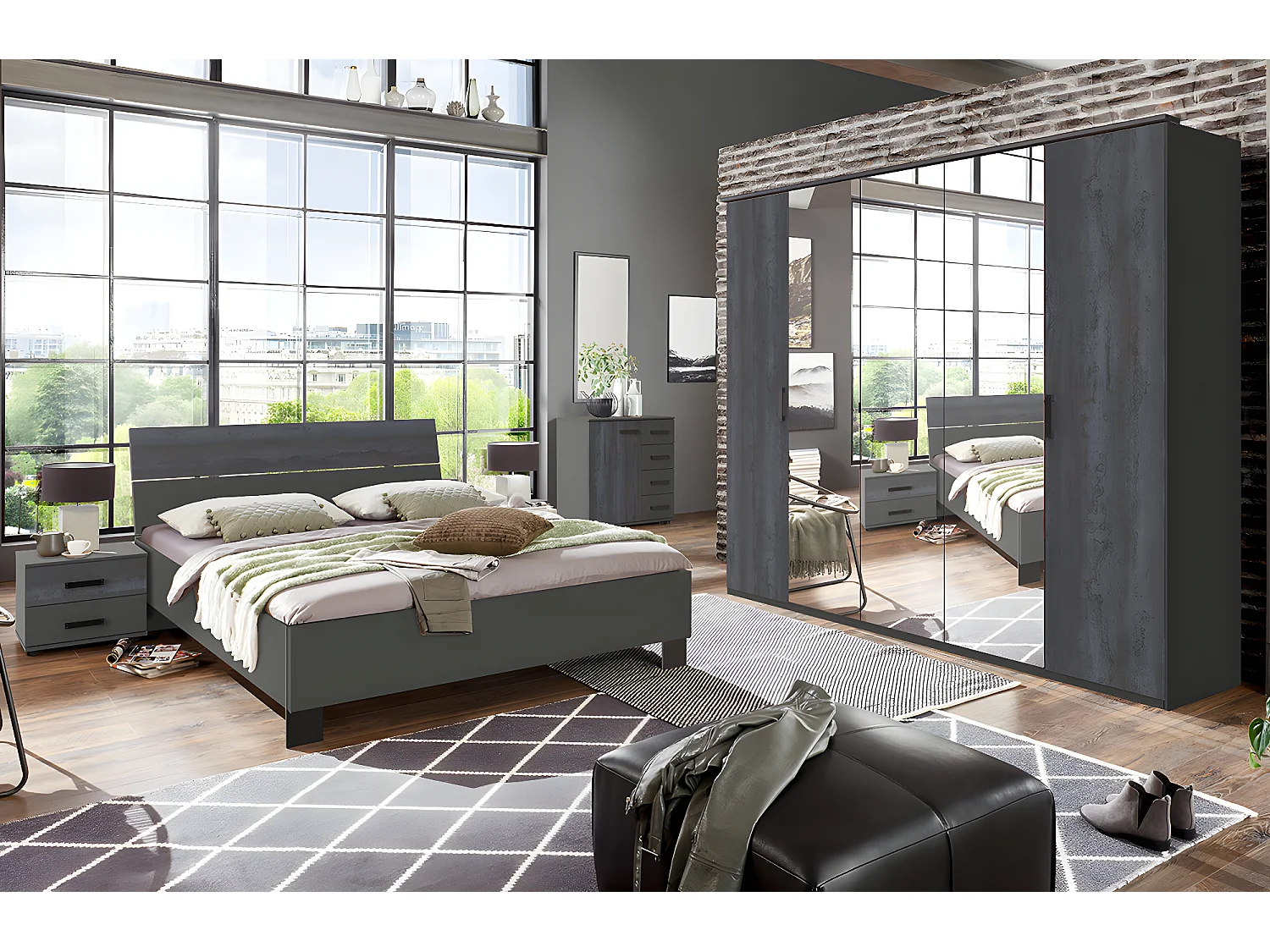 Chambre à coucher complète adulte (lit 180 x 200cm + 2 chevets + armoire + commode)