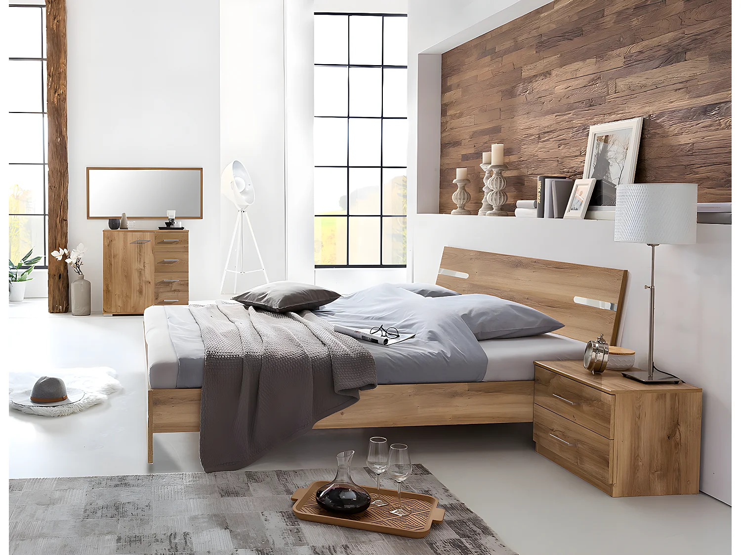 Chambre à coucher complète adulte (lit 180x200 cm + 2 chevets + commode)