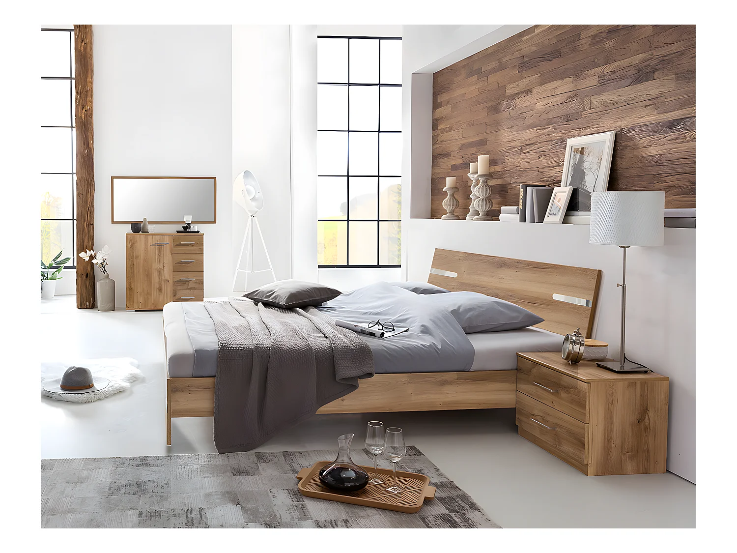 Chambre à coucher complète adulte (lit 180x200 cm + 2 chevets + commode)