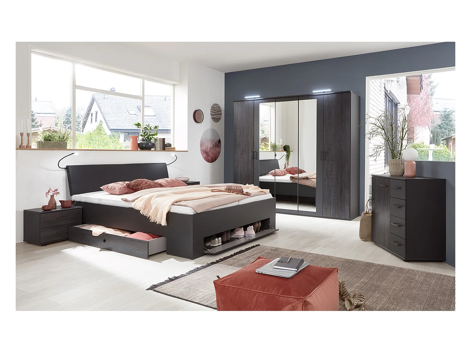 Chambre à coucher complète adulte (lit 180x200 cm King Size + 2 chevets + armoire + commode)