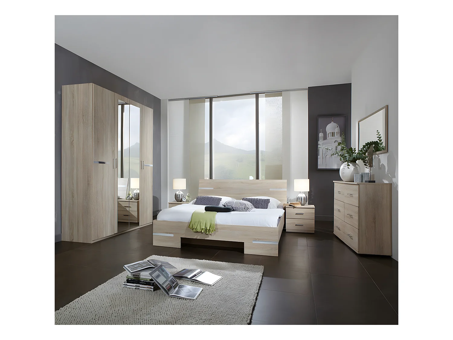Chambre adulte imitation chêne en panneaux de particules - Dim : 160 X 200 cm