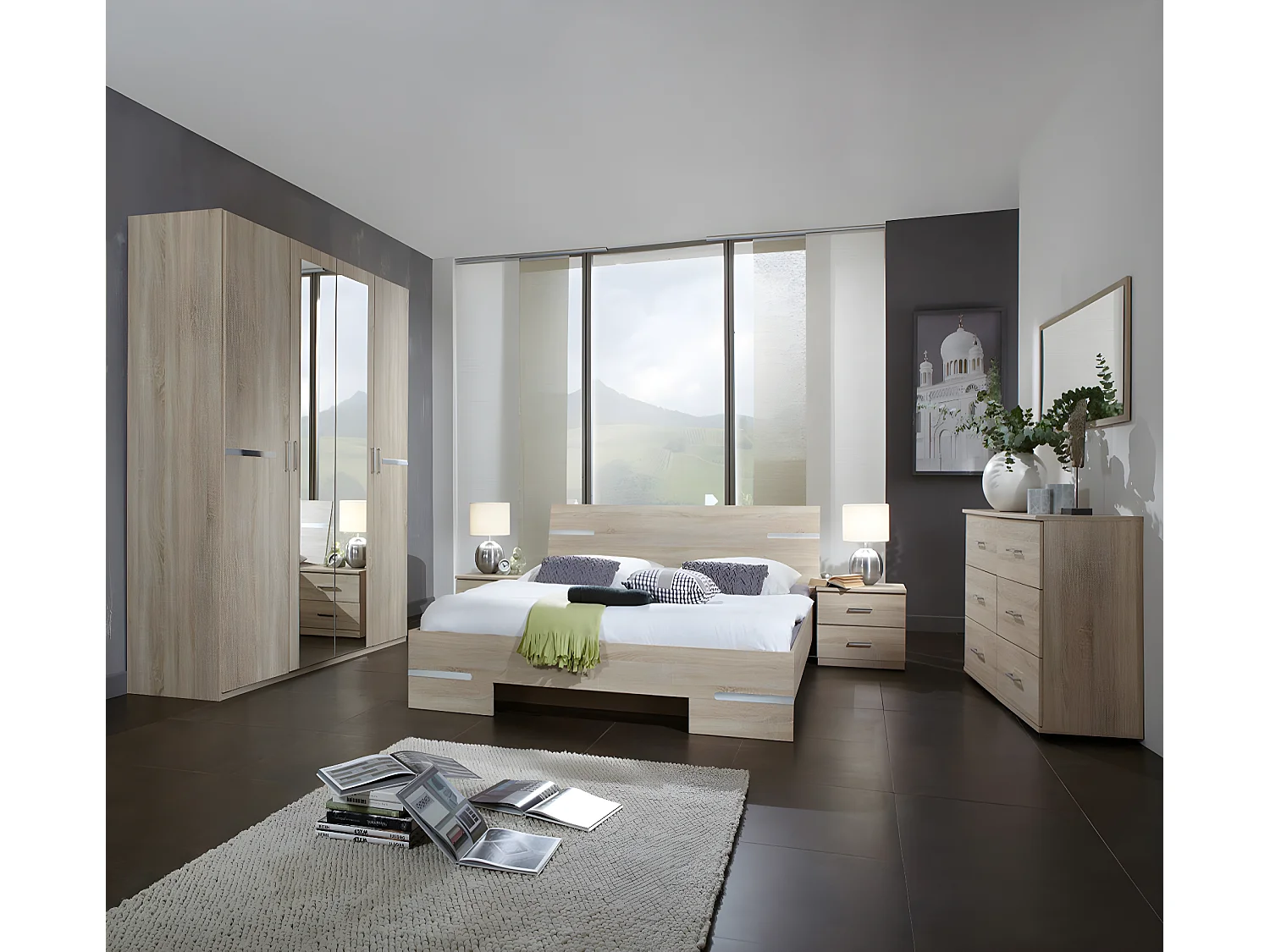 Chambre adulte imitation chêne en panneaux de particules - Dim : 160 X 200 cm