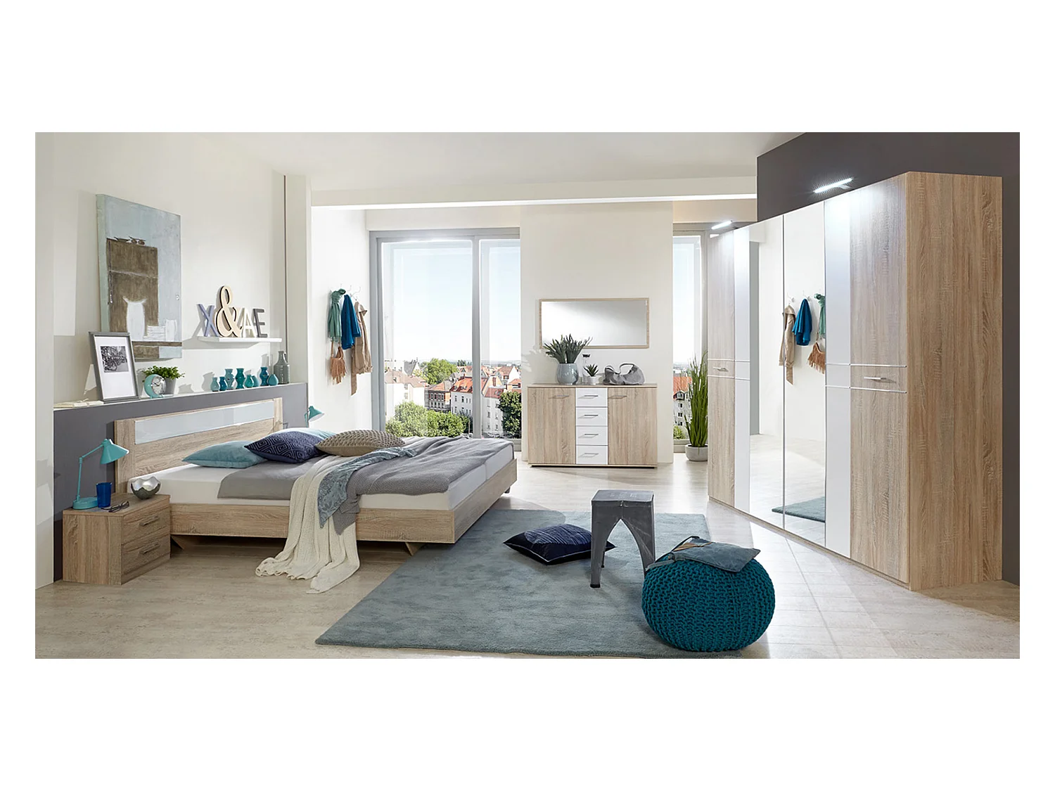 Chambre adulte complète, imitation chêne, rechampis verre blanc + chrome - 140 x 200 cm