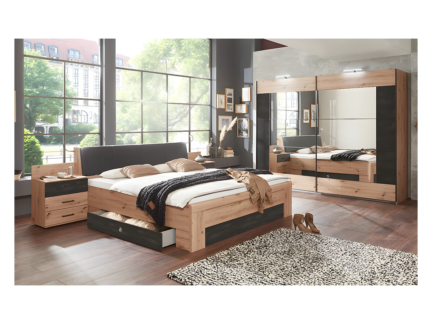 Chambre à coucher complète adulte (lit 180x200 cm King Size + 2 chevets + armoire + 2 tiroirs lit)