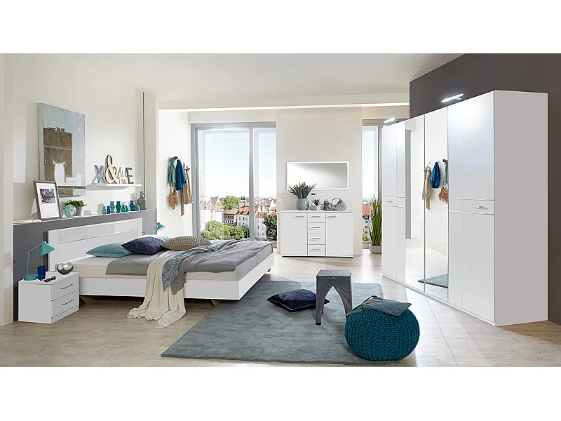 Chambre adulte complète, coloris blanc, rechampis verre blanc + chrome - 140 x 200 cm