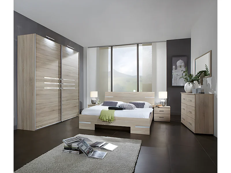 Chambre adulte imitation chêne en panneaux de particules Dim : 160 X 200 cm