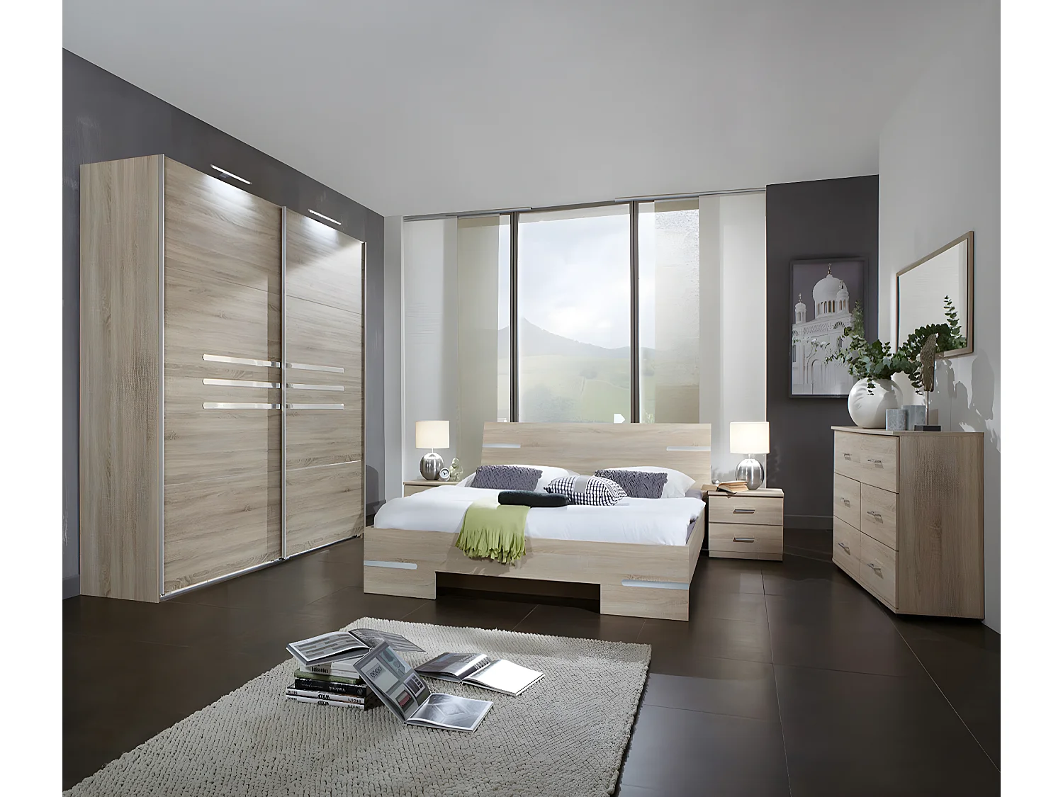 Chambre adulte imitation chêne en panneaux de particules Dim : 160 X 200 cm