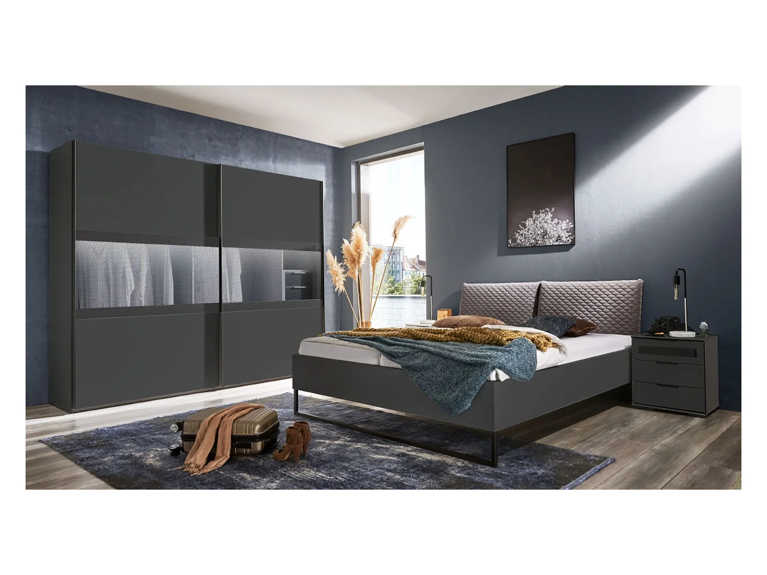 Ensemble de chambre à coucher ( armoire + lit + 2 chevets) coloris graphite, rechampis graphite