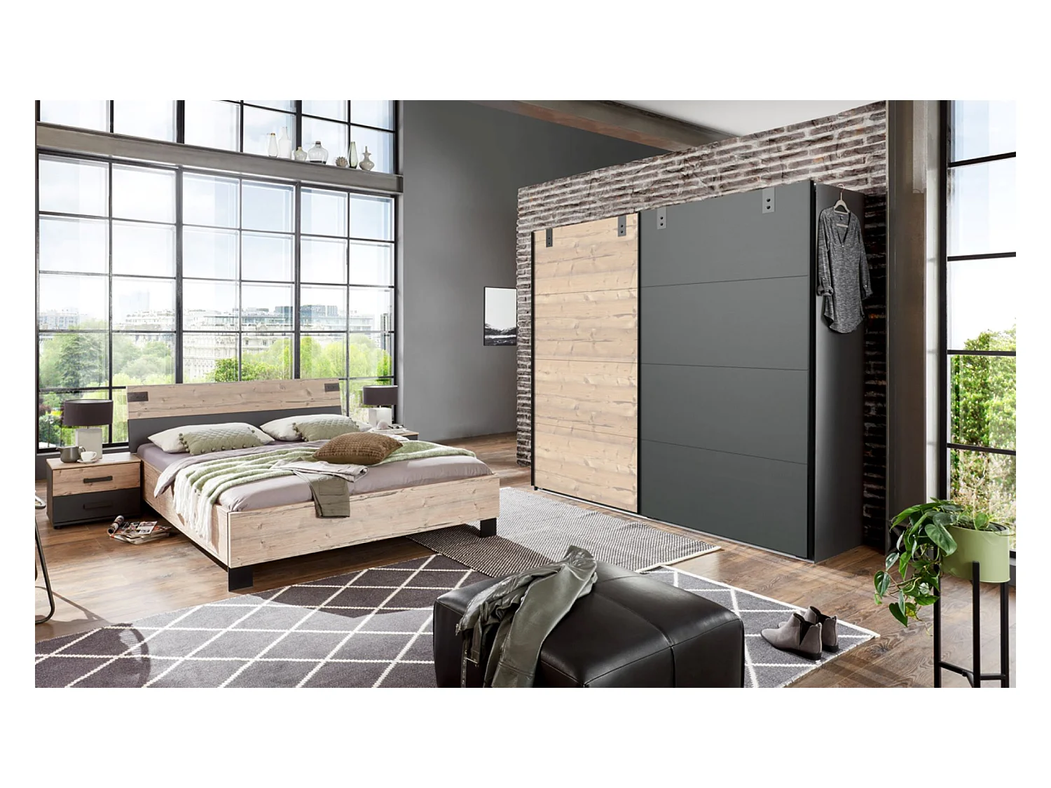 Chambre à coucher complète adulte (lit 180x200 cm + 2 chevets + armoire), coloris chêne