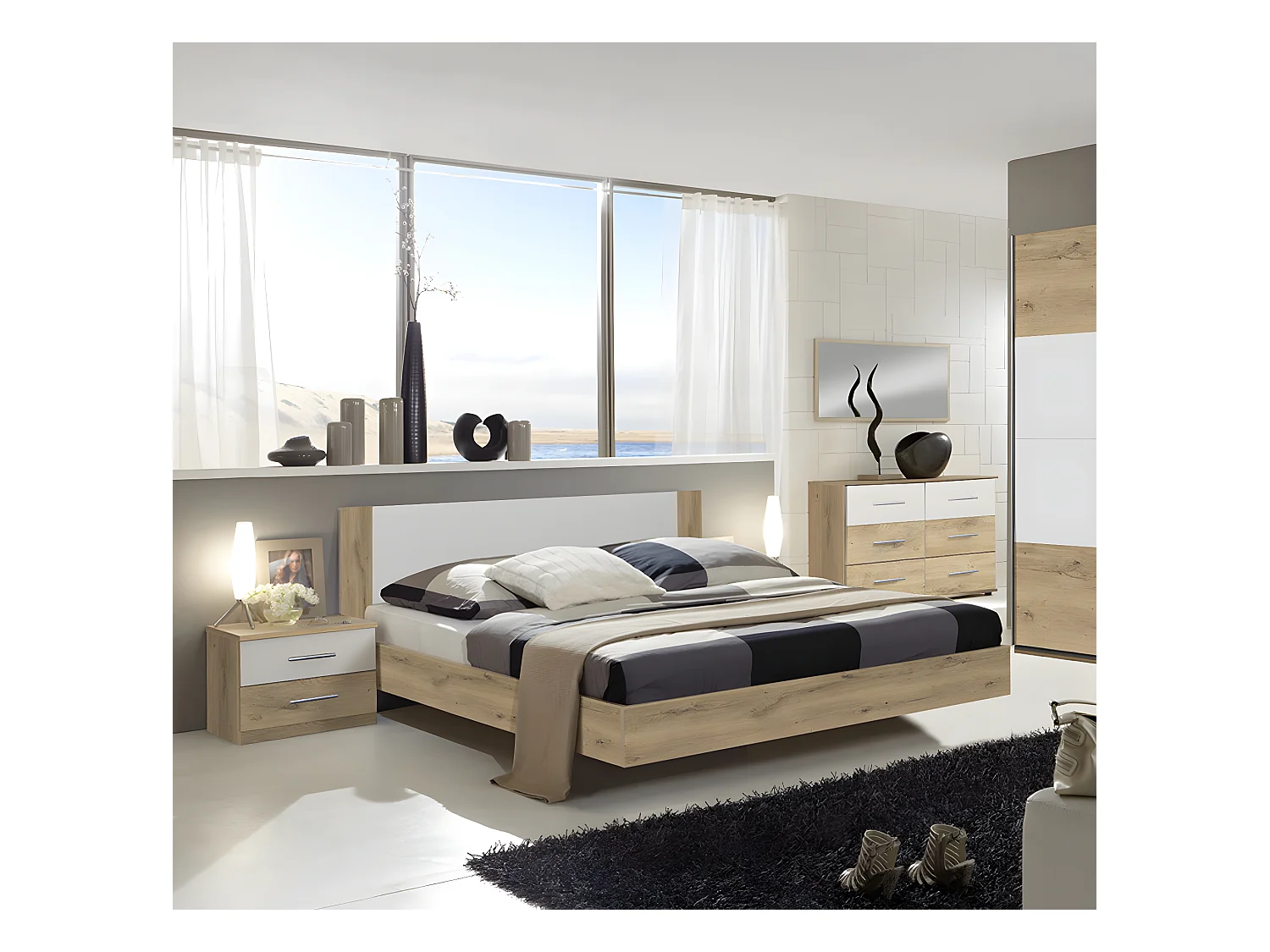 Chambre adulte imitation chêne poutre/blanc - 180 X 200 cm-PEGANE-