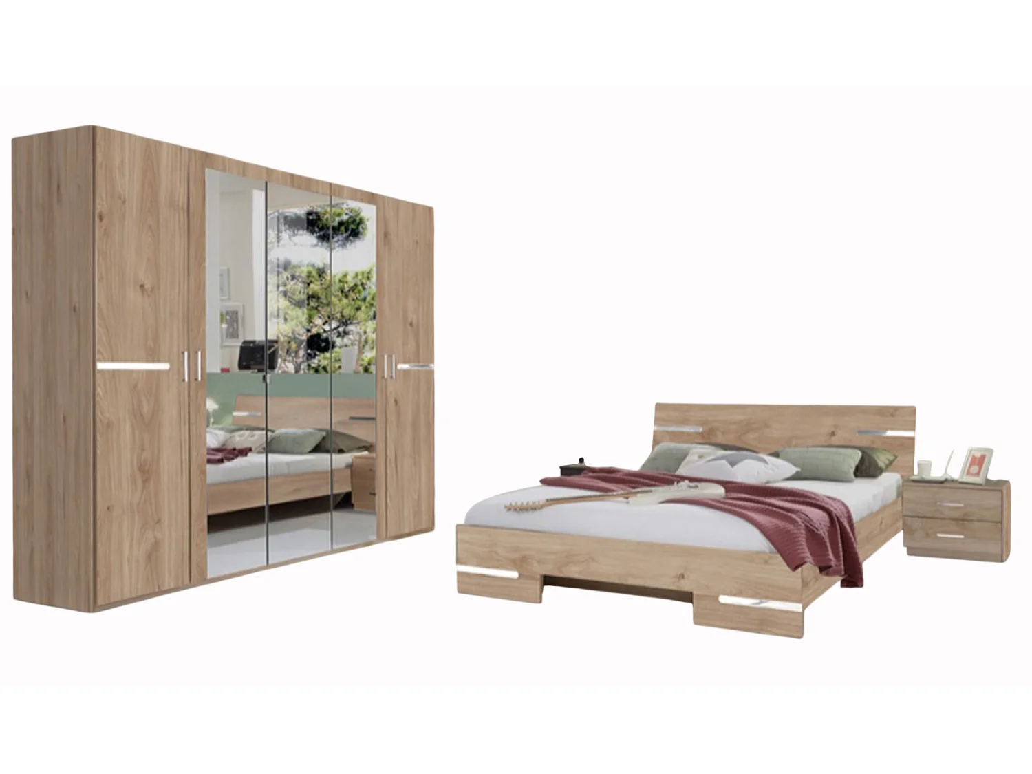 Chambre à coucher complète adulte (lit 160x200 cm + 2 chevets + armoire)