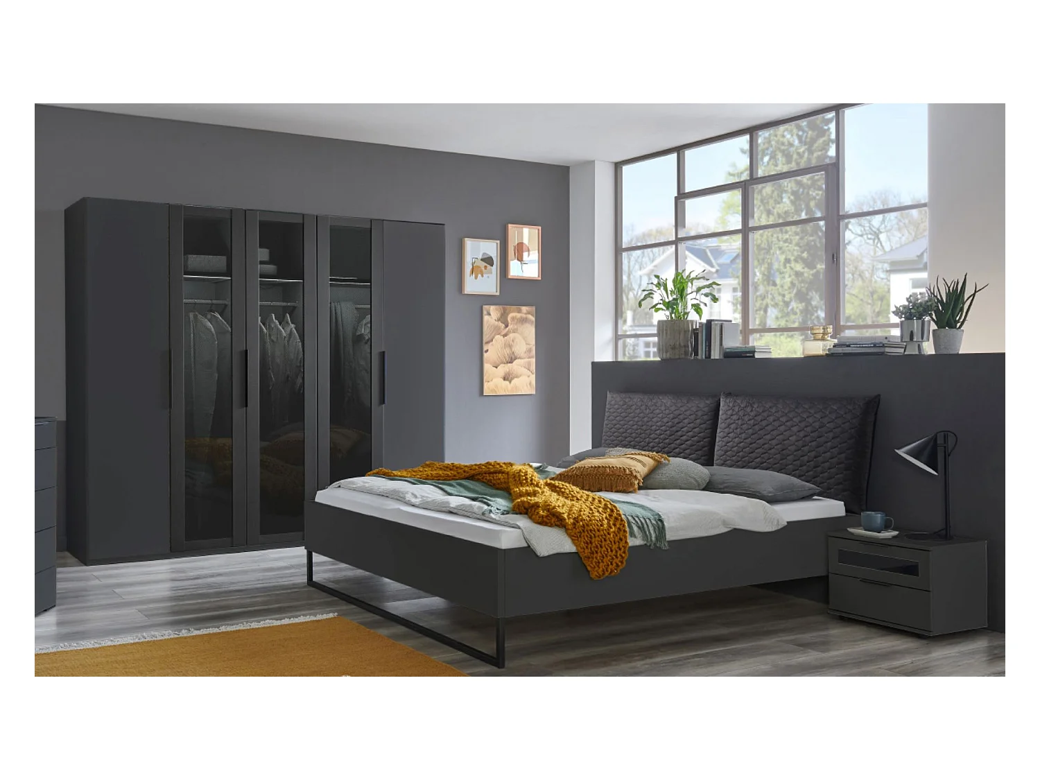 Ensemble de chambre à coucher ( armoire + lit + 2 chevets ) coloris graphite, rechampis graphite